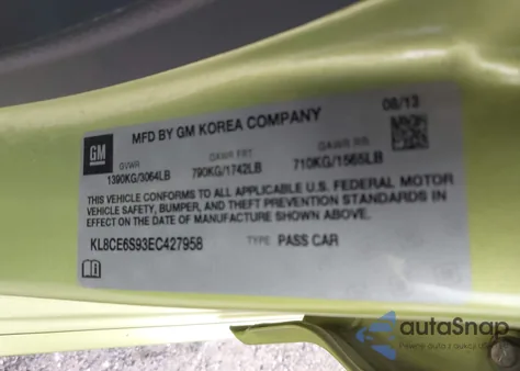 2014 Chevrolet Spark 2Lt Manual from USA, damaged, VIN KL8CE6S93EC427958